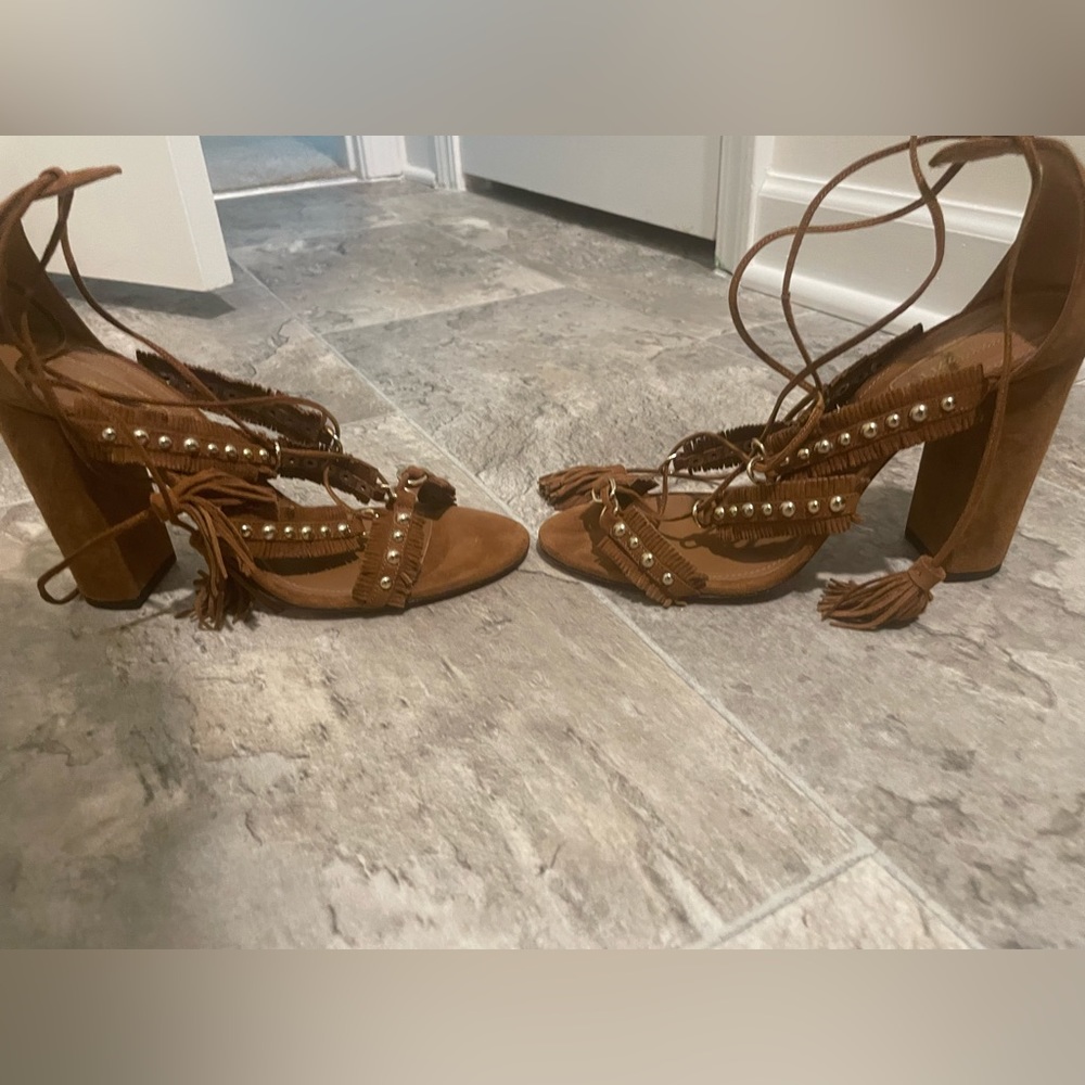 Aquazzura Brown Fringe Heeled Sandals